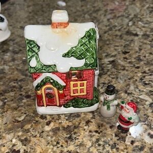Vintage Christmas Ceramic Holiday House candle holder with Santa & Snowman